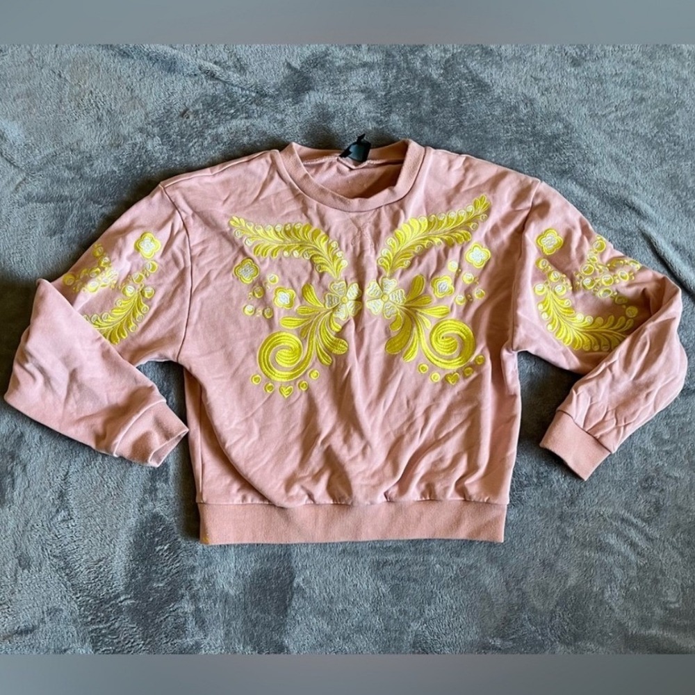 Cynthia Rowley Womens Large Pink Sweatshirt Gold Floral Embroidered Pullover EUC